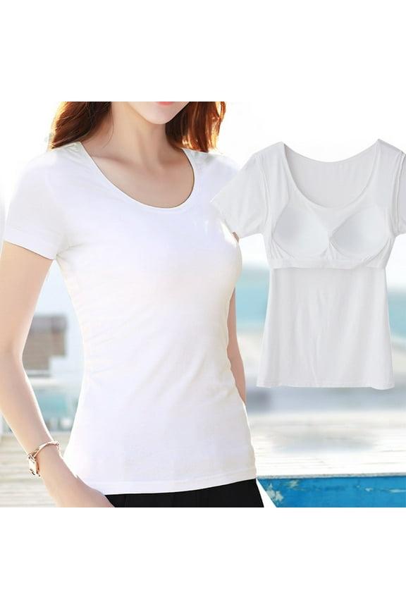 Ladies Short Sleeve Tops With Built In Bra Women Push Up Padded Layer T Shirt
