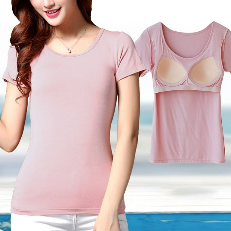 Women T-Shirts with Built in Bra, Modal Yoga Camisole with Shelf Padded Bra,  Casual Short Sleeve T-Shirts for Women