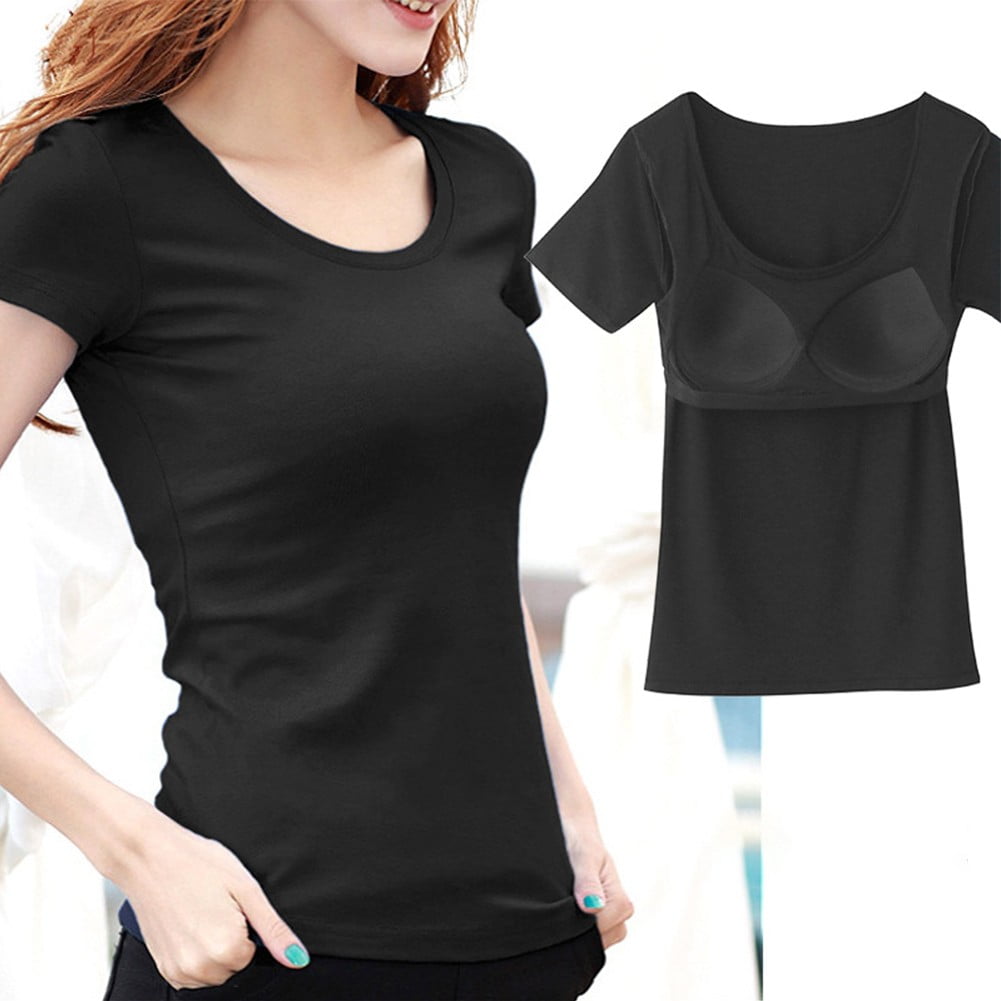 Ladies Short Sleeve Tops With Built In Bra Women Push Up Padded Layer T  Shirt