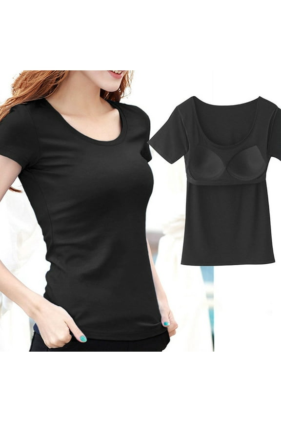 Ladies Short Sleeve Tops With Built in Bra Women Push Up Padded Layer T shirt