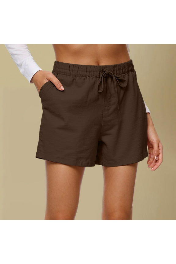 Ladies Shorts 7 Inch Inseam Linen Drawstring Adjustable Waist Mid-Length Lightweight Shorts Flowy Tall Biking Bermuda Shorts with Pockets Brown L