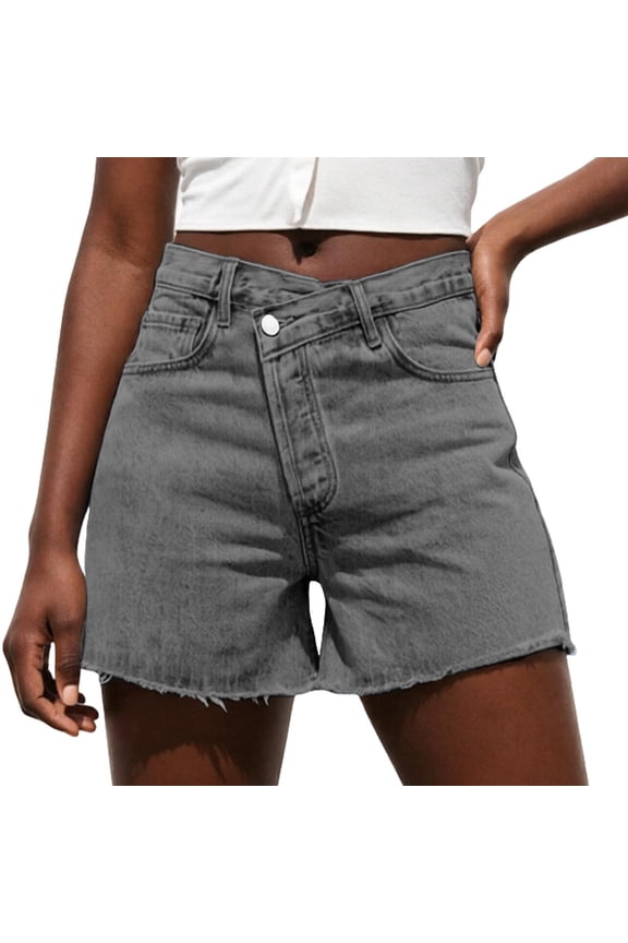 Womens Shorts Casual Women's Designer Asymmetrical Waist Denim Shorts for Slim Fit Versatile Wide Leg Casual Summer Style Grey L