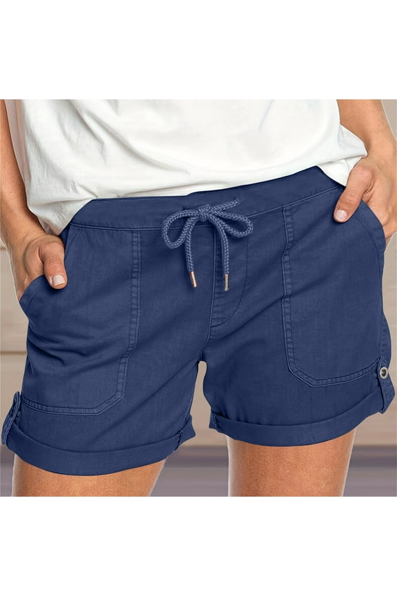 Ladies Shorts Womens Summer Cotton Linen Shorts for Women Elastic High Waist with Pockets Dark Blue XXL