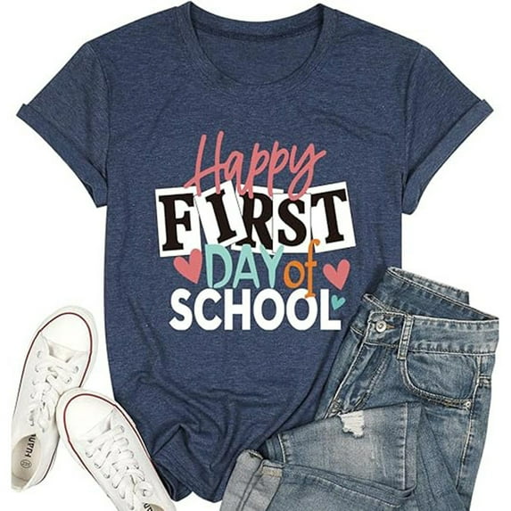Ladies' Shoulder Length Short Sleeved Short Sleeved Teacher's Back To School Outfit Pattern T Shirt On The First Day Of School 2 Graphic T Shirts for Women Womens T Shirts Short Sleeve Loose Fit Women