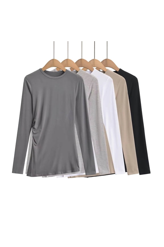 Ladies Side Slit Long Sleeve Round Neck Cotton Ribbed Knit Undershirt Top Tee Loose Fit Breathable Lightweight Layering Base Layer | CSEONE,Black L