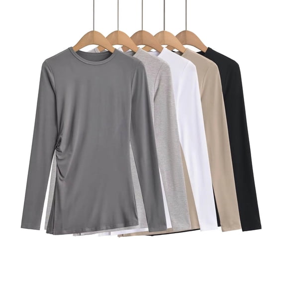 Ladies Side Slit Long Sleeve Round Neck Cotton Ribbed Knit Undershirt Top Tee Loose Fit Breathable Lightweight Layering Base Layer | CSEONE,Gray L