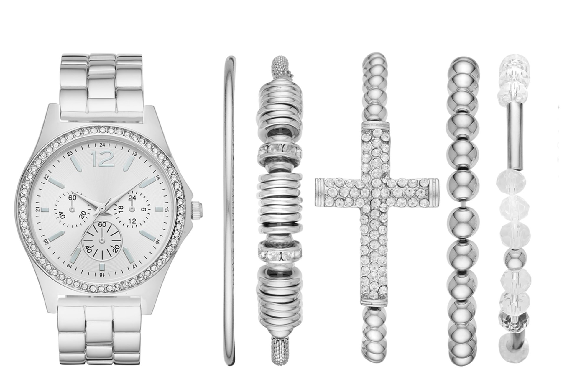 Ladies' Silver Glitz Dial Watch and Stackable Bracelet Gift Set