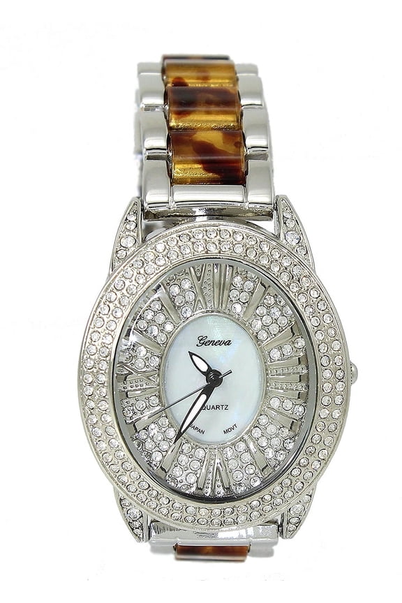 Ladies Silver-Tone CZ Clubbing Party Watch 36x47mm 12mm thick. Silver CZ MOP Dial, CZ bezel. 15mm wide Silver-Tone Faux turtoise metal link bracelet fits 7.5 inches wrist