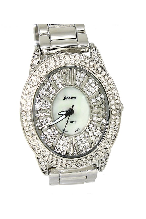 Ladies Silver-Tone CZ Clubbing Party Watch 36x47mm 12mm thick. Silver CZ MOP Dial, CZ bezel. 15mm wide Silver-Tone metal link bracelet fits 7.5 inches wrist