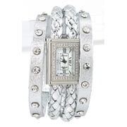 Ladies Silver-Tone CZ Leather watch 31x25mm 11mm thick case. CZ bezel, Mop dial, 25mm wide CZ leather strap fits 7-8 inches wrist.