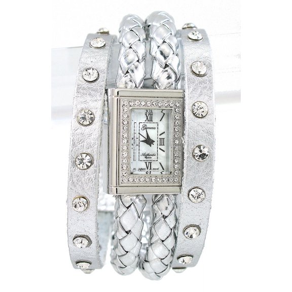Ladies Silver-Tone CZ Leather watch 31x25mm 11mm thick case. CZ bezel, Mop dial, 25mm wide CZ leather strap fits 7-8 inches wrist.