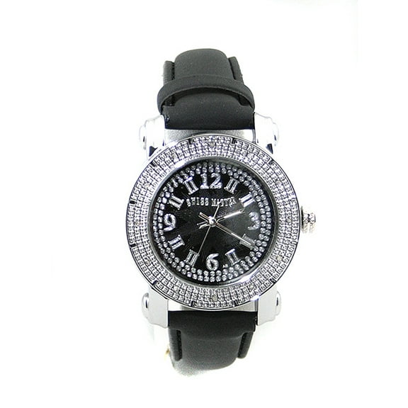 Ladies Silver-Tone Diamond Clubbing watch 35mm 10mm thick case. Diamond accent bezel, Black dial, 16mm black leather strap fits 7.5-9 inches wrist.