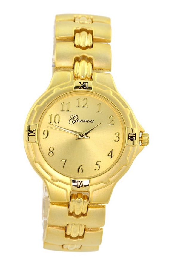 Ladies Silver-Tone Fashion Desiger Styling watch 38mm 7.5 thick case. Gold-Tone dial, 17mm wide Gold-tone metal link bracelet fits 7.5 wrists