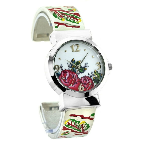 Ladies Silver-Tone Florial Clubbing cuff Watch 35mm 9mm thick case. Florial dial, 18mm wide Silver-Tone metal cuff florial hinged bracelet fits 7 inches wrist