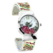 Ladies Silver-Tone Florial Clubbing cuff Watch 35mm 9mm thick case. Florial dial, 18mm wide Silver-Tone metal cuff florial hinged bracelet fits 7 inches wrist