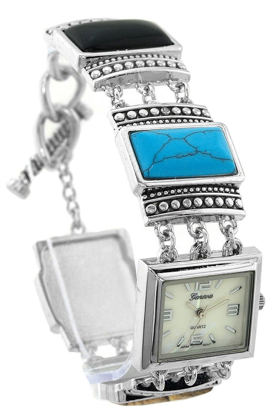 Ladies Silver-Tone Gemstone watch 24mm 7mm thick. MOP Dial, 24mm wide Silver-tone gemstone link bracelet fits 8 inches wrist.