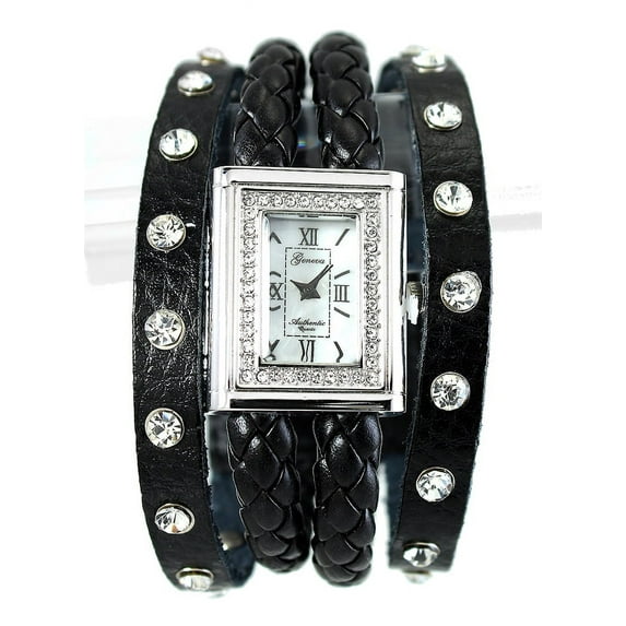 Ladies Silver Tone clear cz black leather strap watches 24x30mm