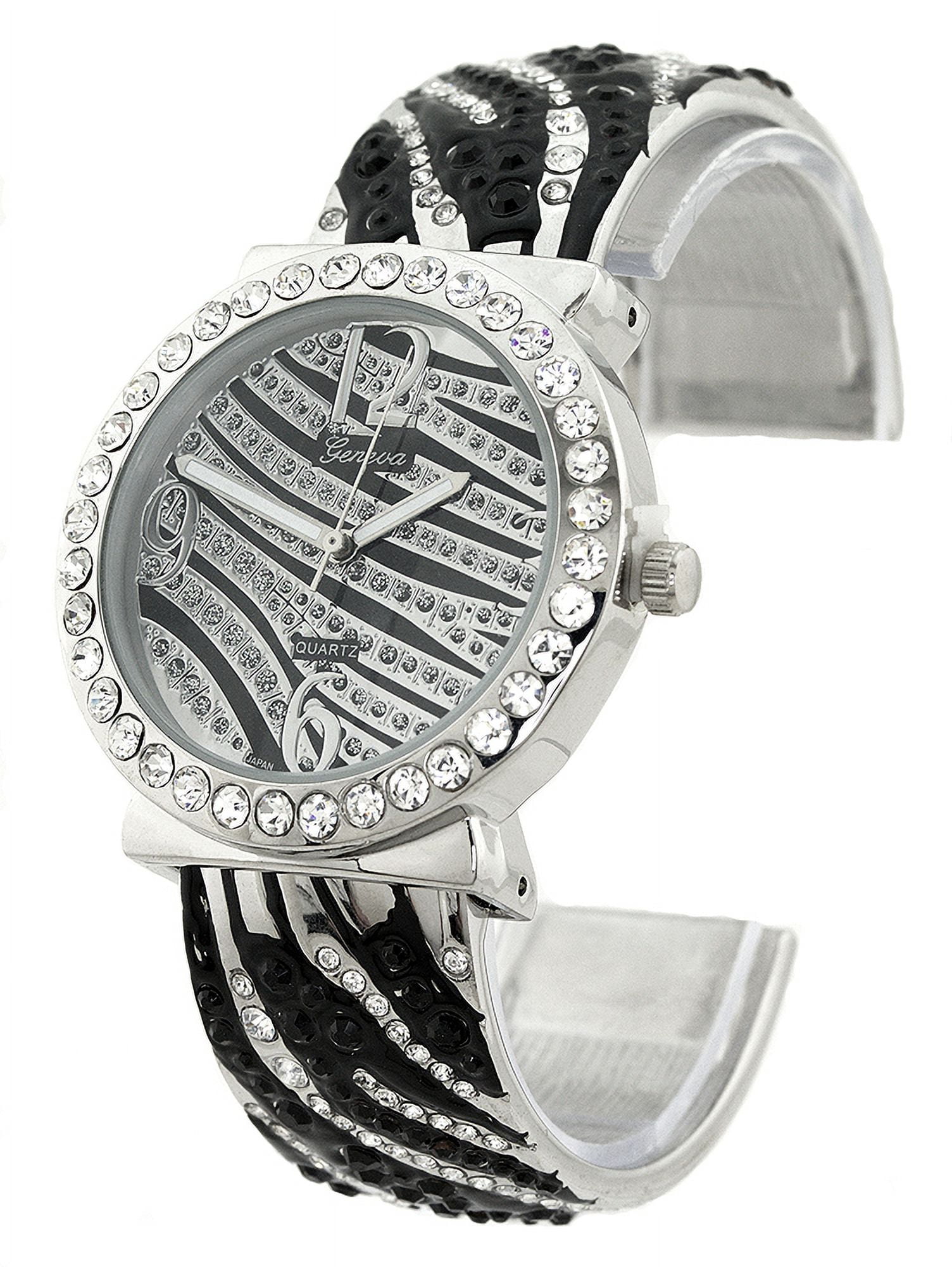 Ladies Silver-tone CZ Zebra stripe cuff watch 35mm 10mm 