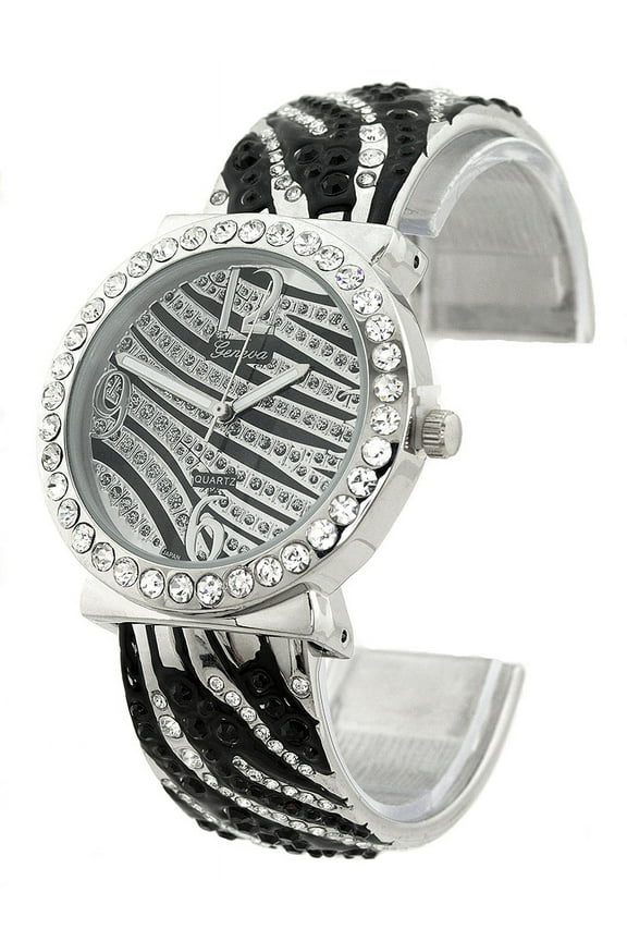 Ladies Silver-tone CZ Zebra stripe cuff watch 35mm 10mm thick case.cz bezel, 20mm wide silver-tone black zebra stripe fits 7 inches wrist.