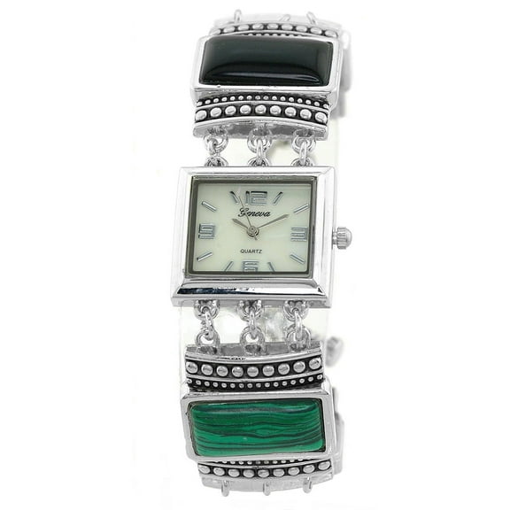 Ladies Silver-tone Gemstone watch 24mm 7mm thick case. Mop dial, 24mm wide silver-tone Gemstone strap fits 8a.5 inches wrist.