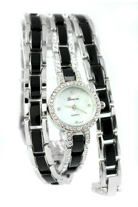 Ladies Silver tone black 22 inches warp bracelet clubbing watch 23 mm CZ case.