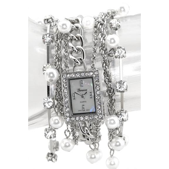 Ladies Silver tone multi-stran bracelet clubbing watch 27 mm 8mm thick CZ case.