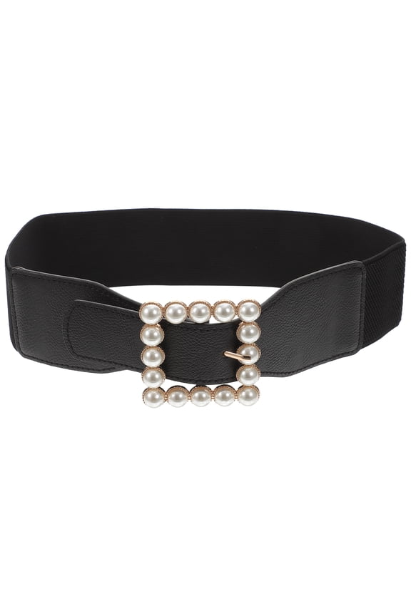Ladies Simple Cummerbund Elastic Pearl Waistband Square Buckle Belt Skirt Ornament for Decoration (Black)