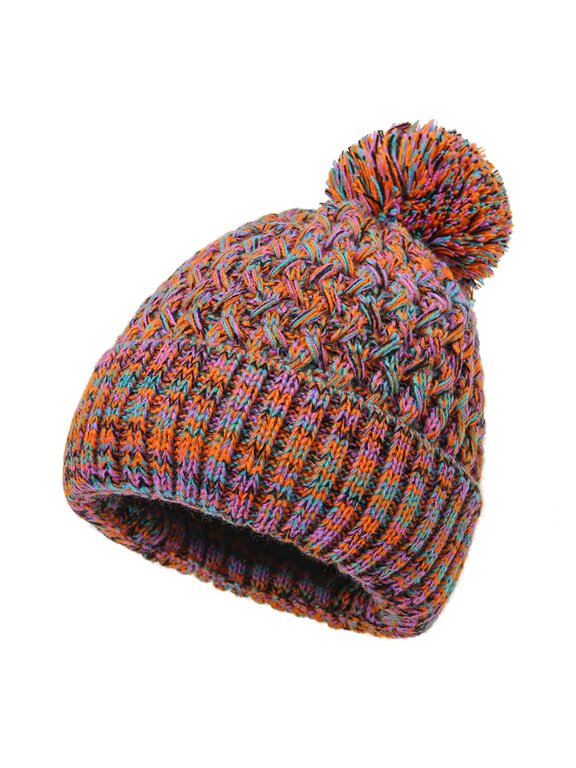 Ladies Single Layer Knitted Hat with Colorful Ball Pom Winter Head Warmth Pineapple Patterned Cap Beanie with pom-pom