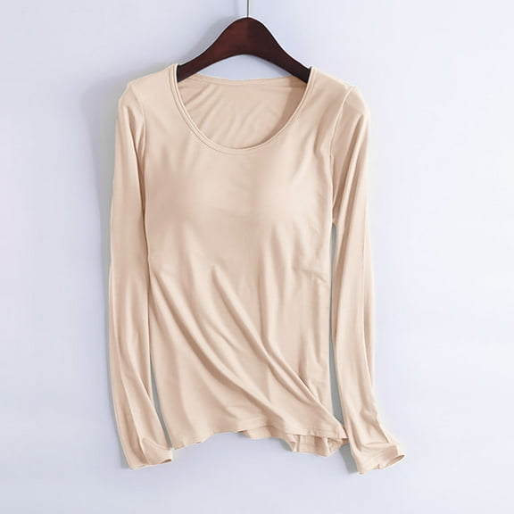 Ladies Sleepwear Womens Pajama Tops Sleeping Clothes for Women Women's Color Household Clothes with Chest Pads T-Shirt Long Sleeved Pajama Comfortable Base for External Wear Round Neck