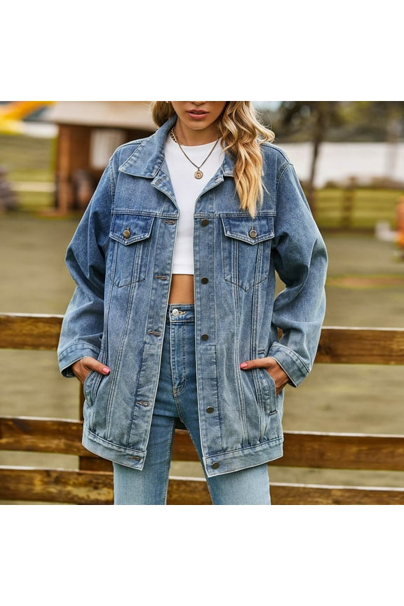 Ladies Slim Retro Classic Loose Denim Jacket Top Half Jean Jacket Women Women's Jackets Oversize Button down Flannel Jacket Women Jean Jackets for Juniors Girls Vintage Style Colorful Denim Jacket
