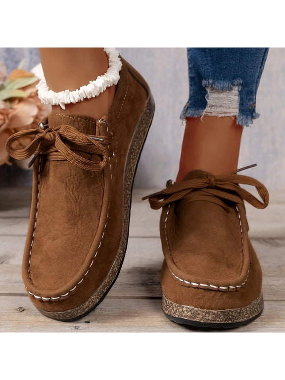 Ladies Slip On Loafers Ethnic Suede Low Top Platform Walking Shoes Fashion Wide Moc Toe Arch Support Sneakers