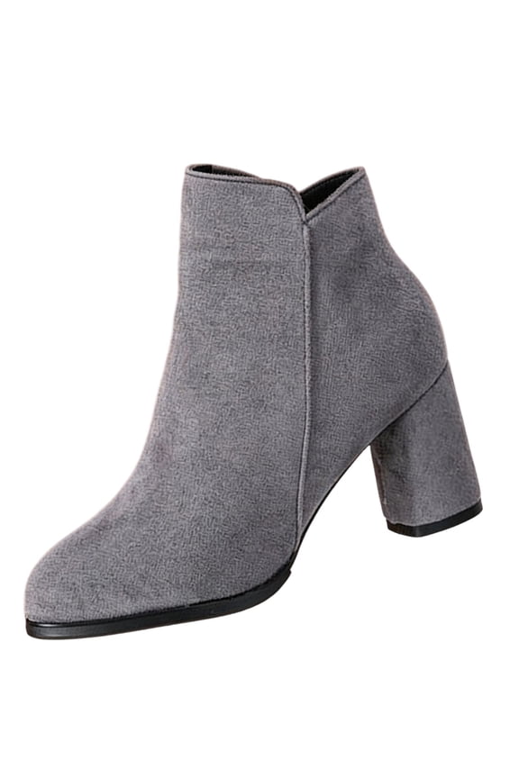Ladies Slip on Ankle Booties Pointed Toe Chunky Mid Heel Side Zipper Thick Warm Winter Cotton Boots, Plus Size Suede Footwear Gray 7.5(40)