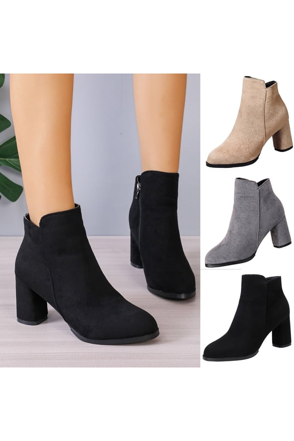 Ladies Slip on Ankle Booties Pointed Toe Chunky Mid Heel Side Zipper Thick Warm Winter Cotton Boots, Plus Size Suede Footwear Gray 9(42)