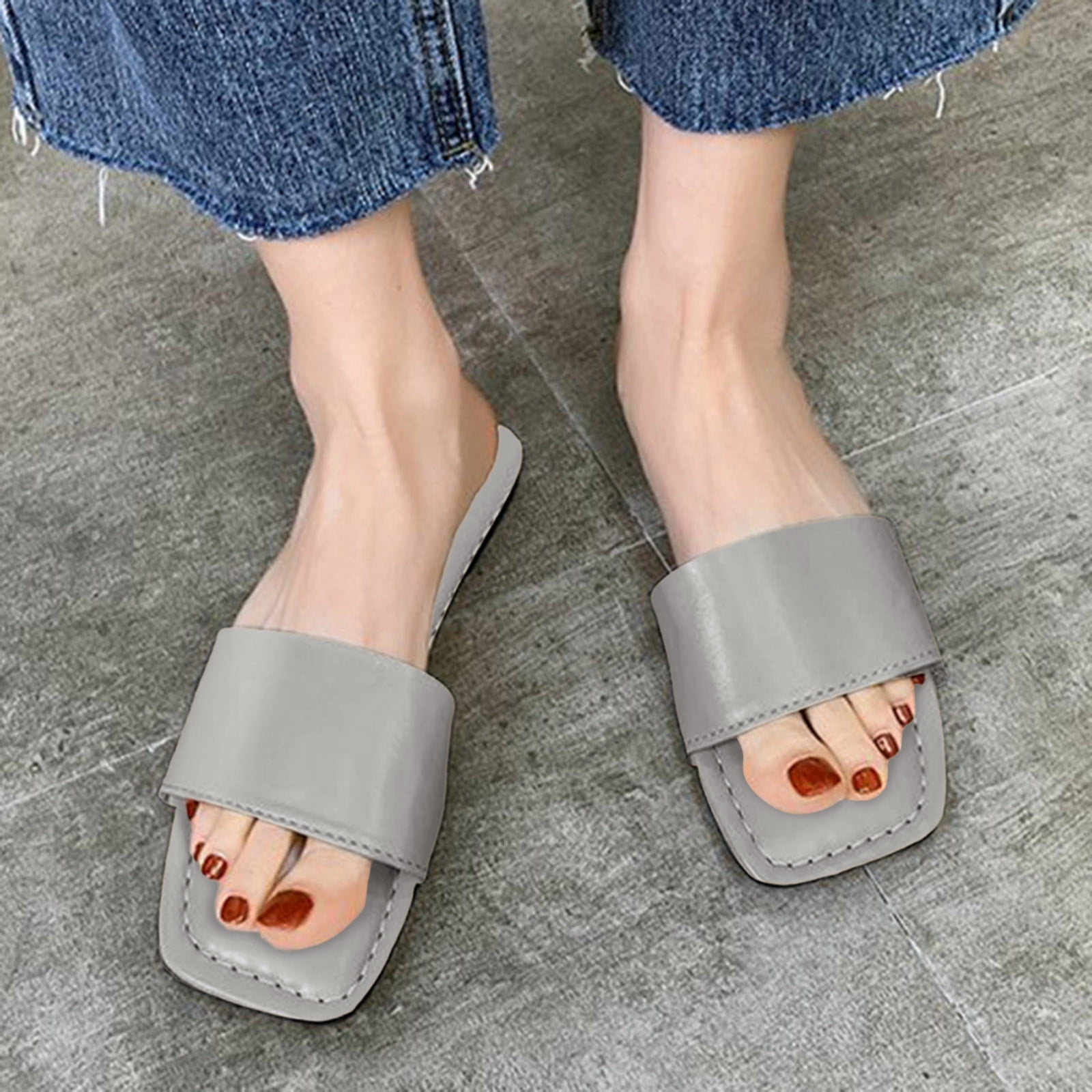 LIANGP Ladies Slippers Women Slippers Fashion Simple Solid Soft Comfortable Flat Summer New Large Sandals Women s Shoes Silver Size 8.5 Walmart