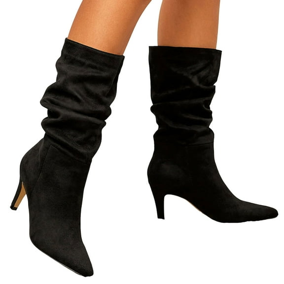 Ladies Slouchy Mid Calf Dress Boots for Women 2025 Trendy Suede Pointed Toe Kitten High Heels Pumps Dressy Short Booties