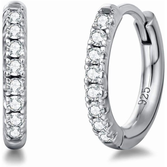 FANCIME Sterling Silver CZ Cubic Zirconia Round-Cut Huggie Hoop Earrings for Women, 0.5" with White Gold-Plated