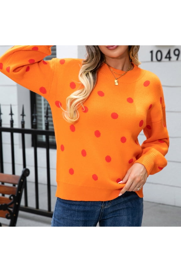 Ladies Soft Fuzzy Sweaters Round Neck Loose Heart Printed Pullover Tops Long Sleeve Casual Festival Valentines Gift (Large, Orange)
