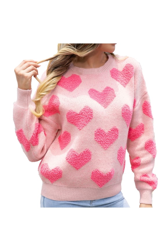 Ladies Soft Fuzzy Sweaters Round Neck Loose Heart Printed Pullover Tops Long Sleeve Casual Festival Valentines Gift (Medium, Pink)