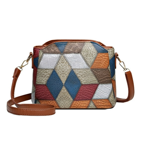 Ladies' Soft Leather Shoulder Bag 8.6" Color Block Design, Multi-Compartment Crossbody Purse with Adjustable Strap, Three-Layer Fashion Handbag