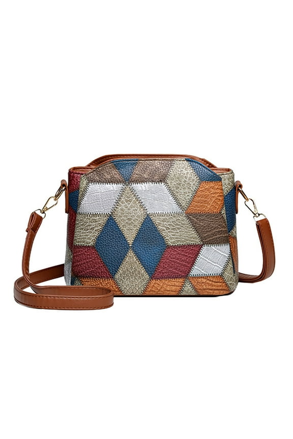 Ladies' Soft Leather Shoulder Bag 8.6" Color Block Design, Multi-Compartment Crossbody Purse with Adjustable Strap, Three-Layer Fashion Handbag