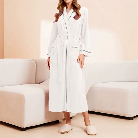 Ladies Soft Long Knit Robe Lightweight Stripe V-neck Casual Bathrobe Women Loungewear