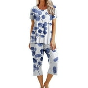 LUCKYRCC Ladies Soft Nightwear Sleepwear Pajamas for Women Set Womens Loungewear Set Cotton Pajamas for Women Round Neck Short Sleeve Shirt and Capri Pants Sleepwear Pjs Sets Floral Print