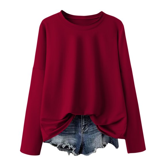 Ladies' Soft Solid Color Casual Sweatshirt – Long Sleeve Round Neck Pullover, Lightweight Polyester Top Red