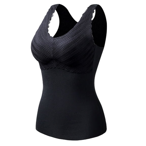 Ladies Soft Thermal Underwear Cold Weather Slim Fit Sleeveless Shirts V Neck Vest Bra Tank Spongy Pad Fashion Thicken Plush Winter Warm Lined Base Layer Casual Tops