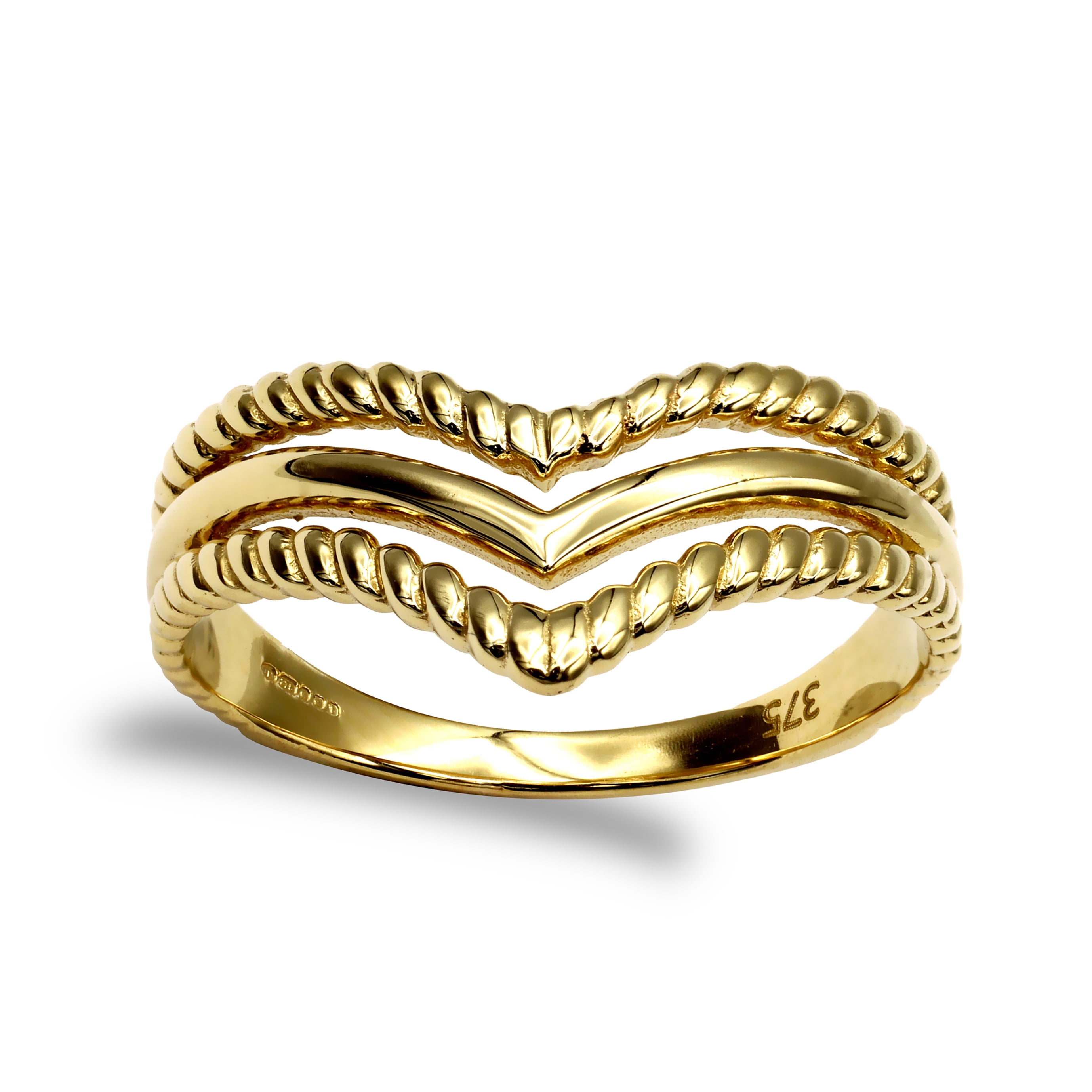Ladies Solid 9ct Gold Jewelco London Twisted Edge Triple Wishbone Ring