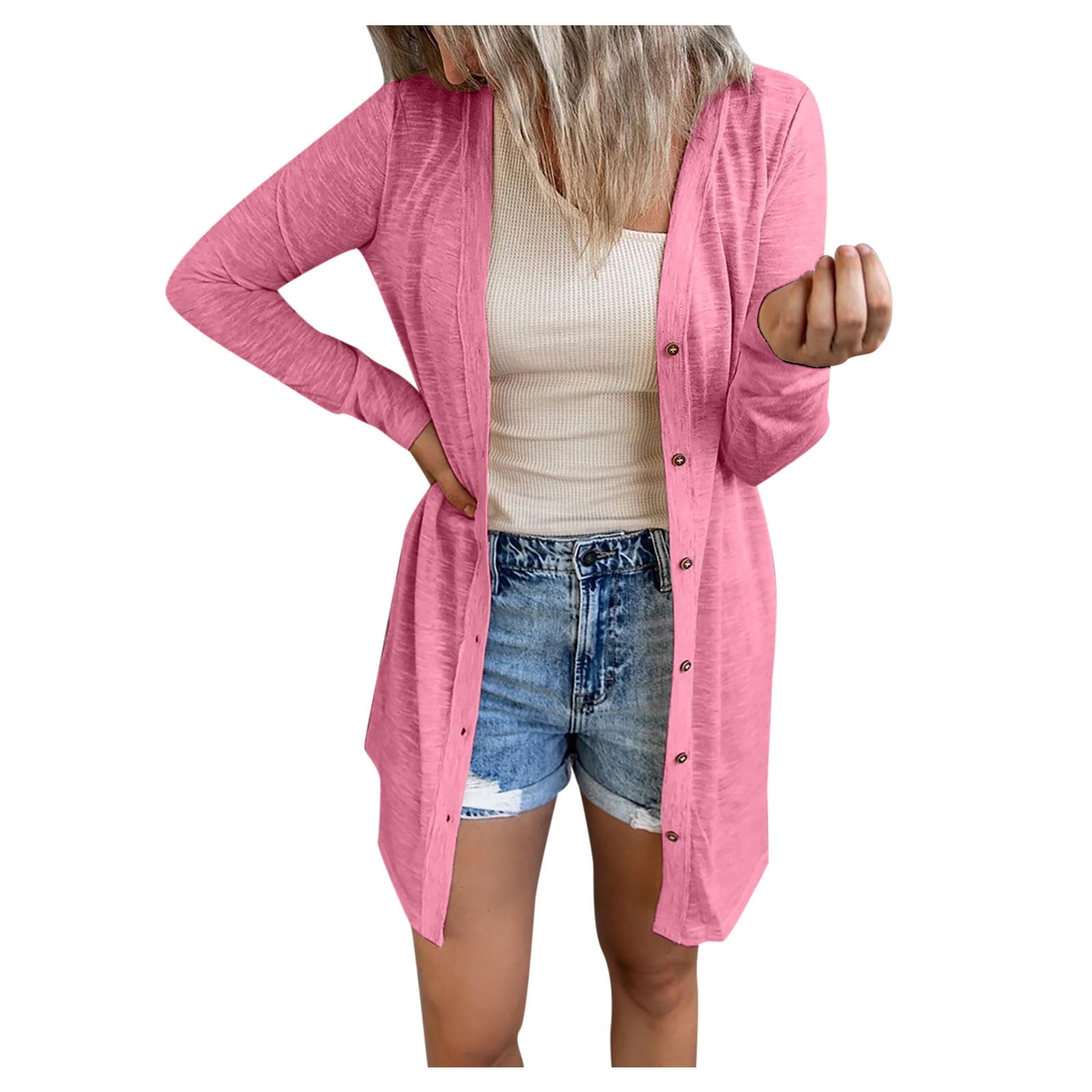 Ladies Solid Button Down Long Sleeve Casual Cardigan Lightweight Home ...