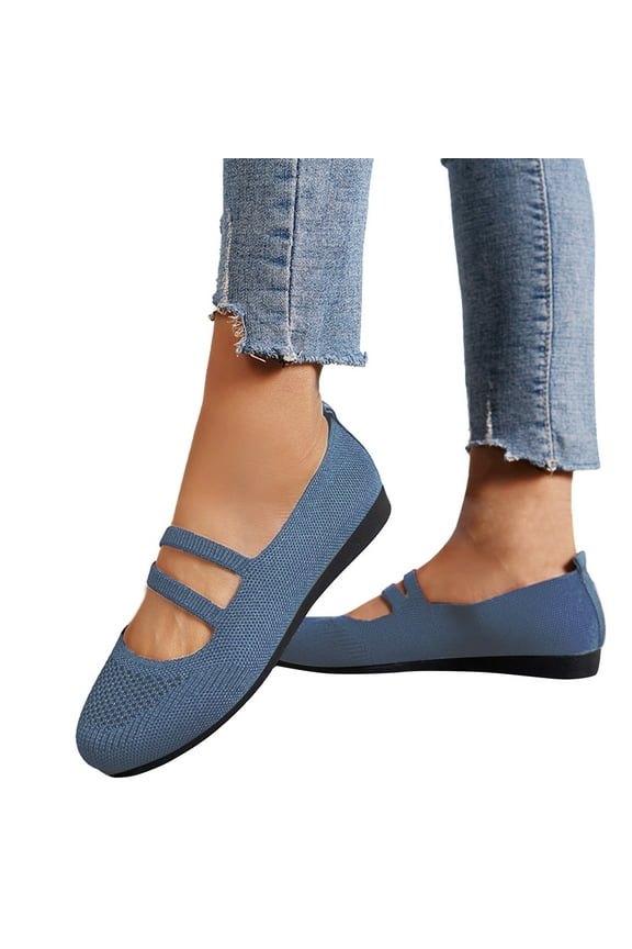 Ladies Solid Casual Shoes Fashion Knitting Double Strap Comfortable Flat Slip-On Shoes