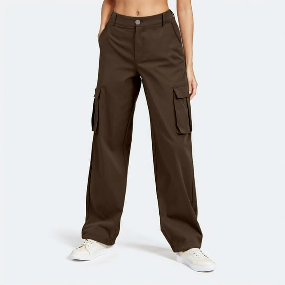 Ladies Solid Color Cargo Pants Wide Leg Casual High Waisted Chino Pants Outdoor Travel Trousers Teen Girls Schoolwear Streetwear Coffee L