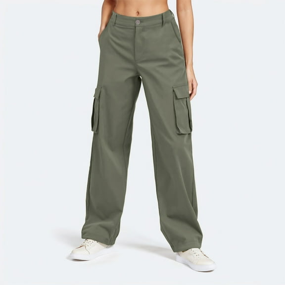 Ladies Solid Color Cargo Pants Wide Leg Casual High Waisted Chino Pants Outdoor Travel Trousers Teen Girls Schoolwear Streetwear Green S