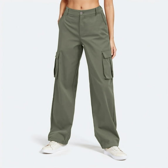 Ladies Solid Color Cargo Pants Wide Leg Casual High Waisted Chino Pants Outdoor Travel Trousers Teen Girls Schoolwear Streetwear Green XXL